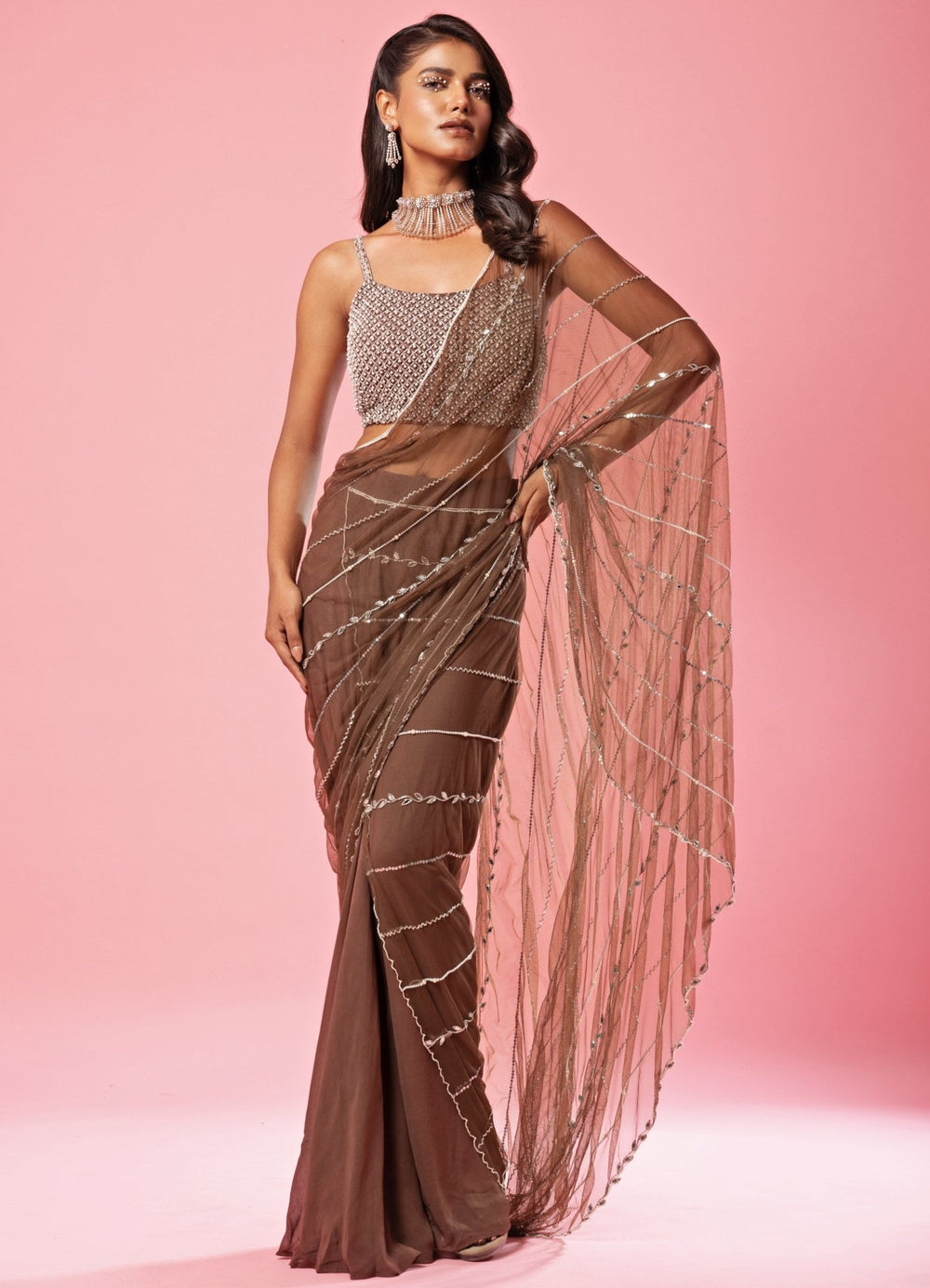 Coffee Brown Hand Embroidered Pre Draped Saree QAT By Agni - Fabilicious Fashion