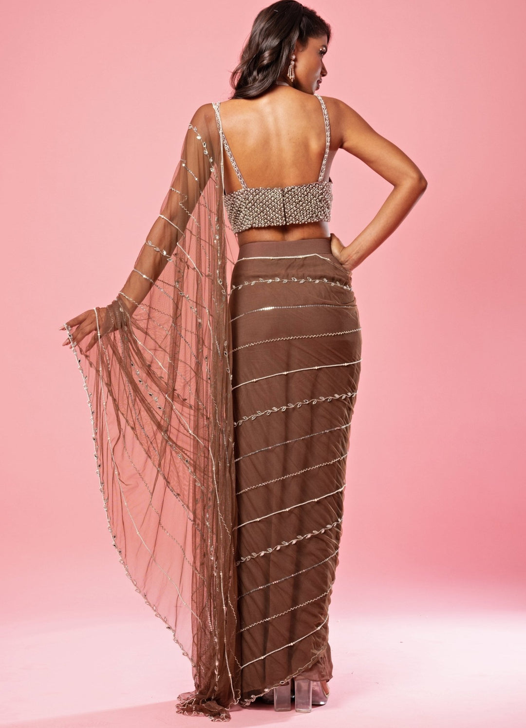 Coffee Brown Hand Embroidered Pre Draped Saree QAT By Agni - Fabilicious Fashion