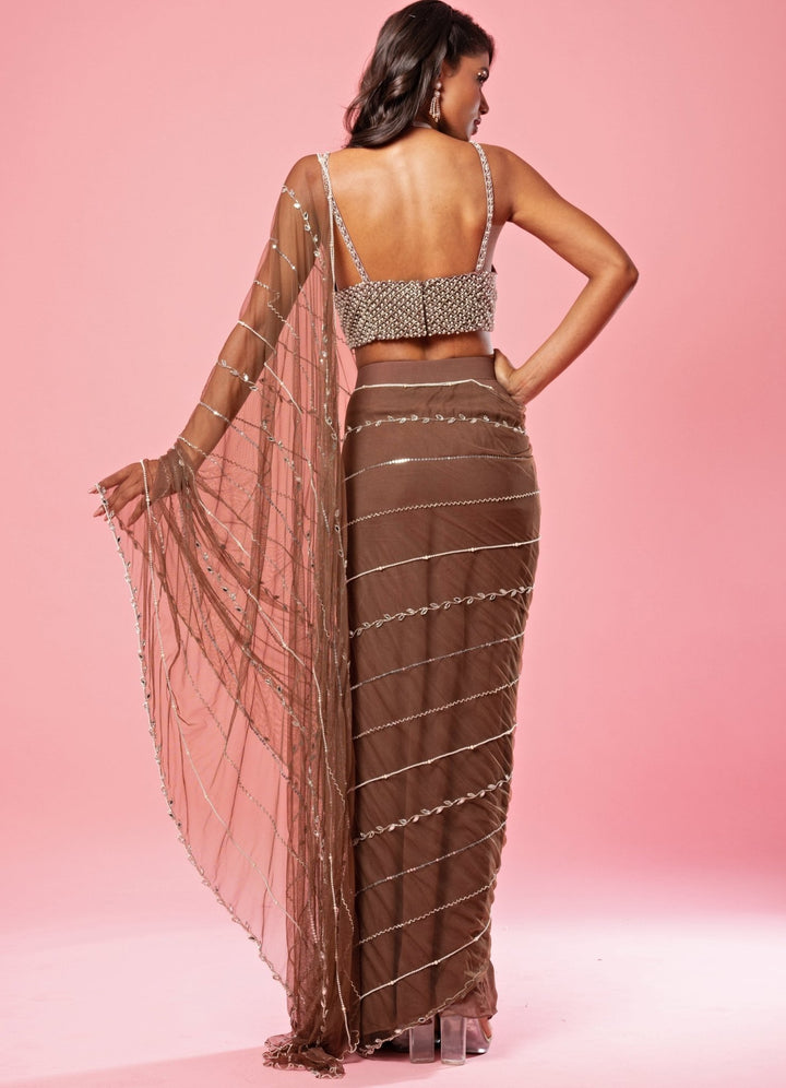 Coffee Brown Hand Embroidered Pre Draped Saree QAT By Agni - Fabilicious Fashion