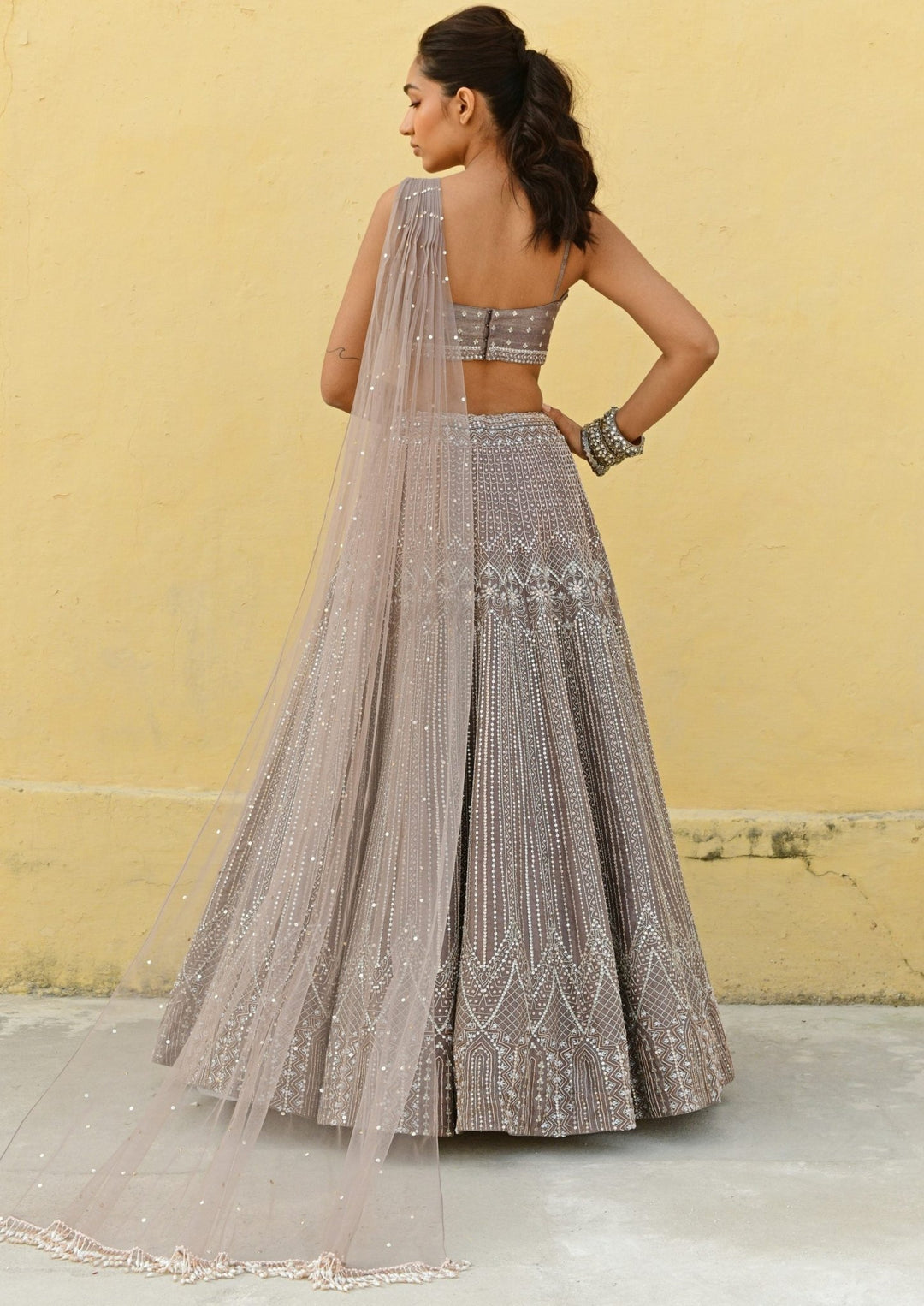 Coffee Brown Pleated Dupatta Embroidered Lehenga Set Chamee n Palak - Fabilicious Fashion