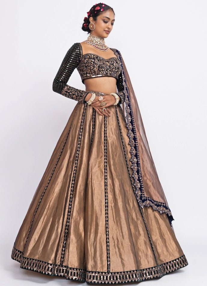 Copper and Green Tissue Lehenga Set Vvani by Vani Vats - Fabilicious Fashion