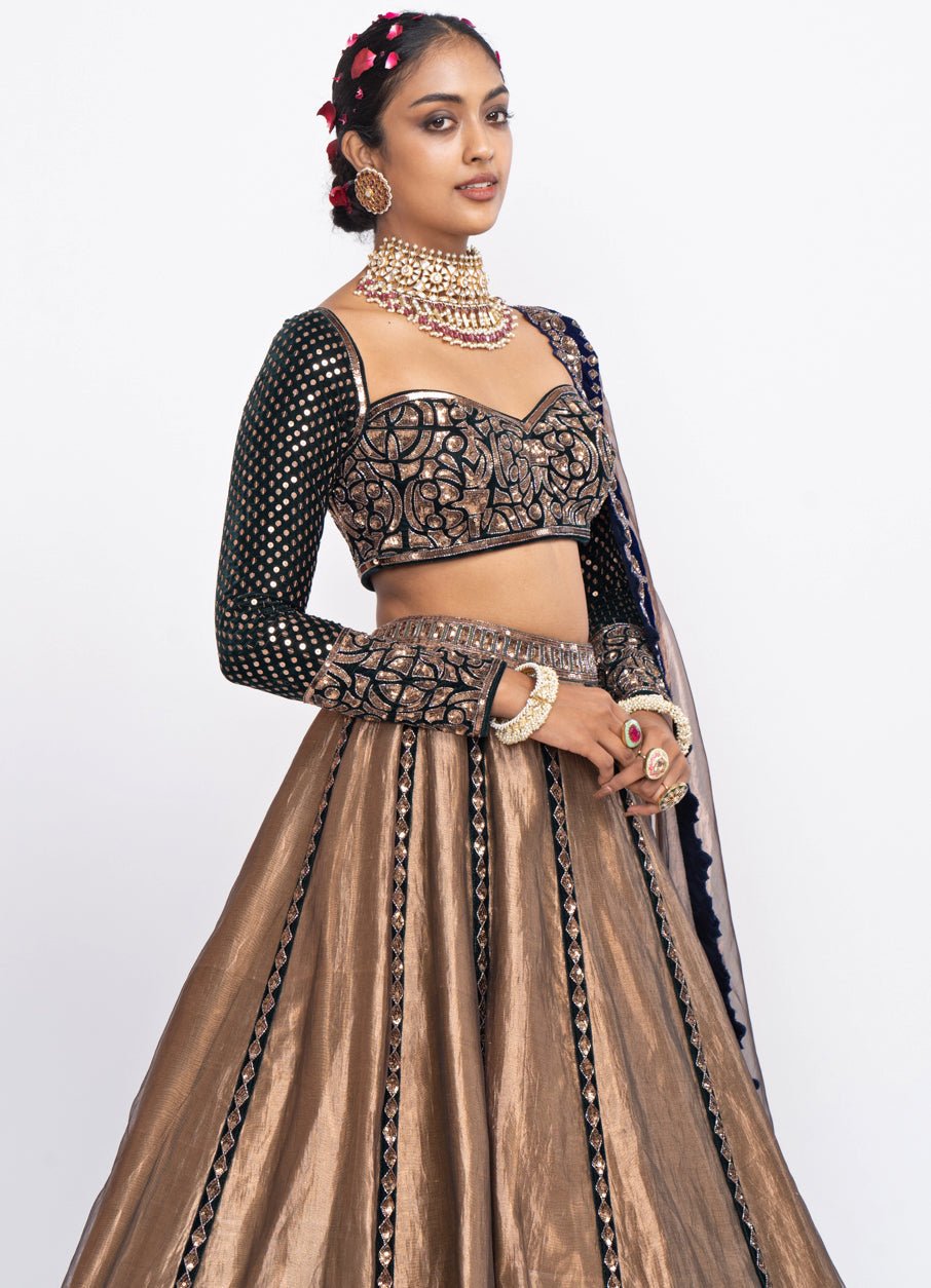 Copper and Green Tissue Lehenga Set Vvani by Vani Vats - Fabilicious Fashion