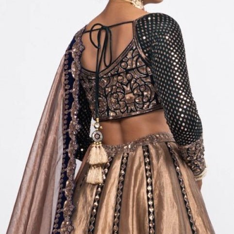 Copper and Green Tissue Lehenga Set Vvani by Vani Vats - Fabilicious Fashion