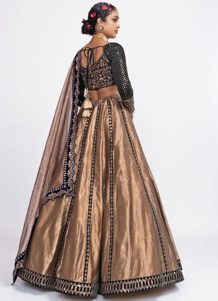 Copper and Green Tissue Lehenga Set Vvani by Vani Vats - Fabilicious Fashion