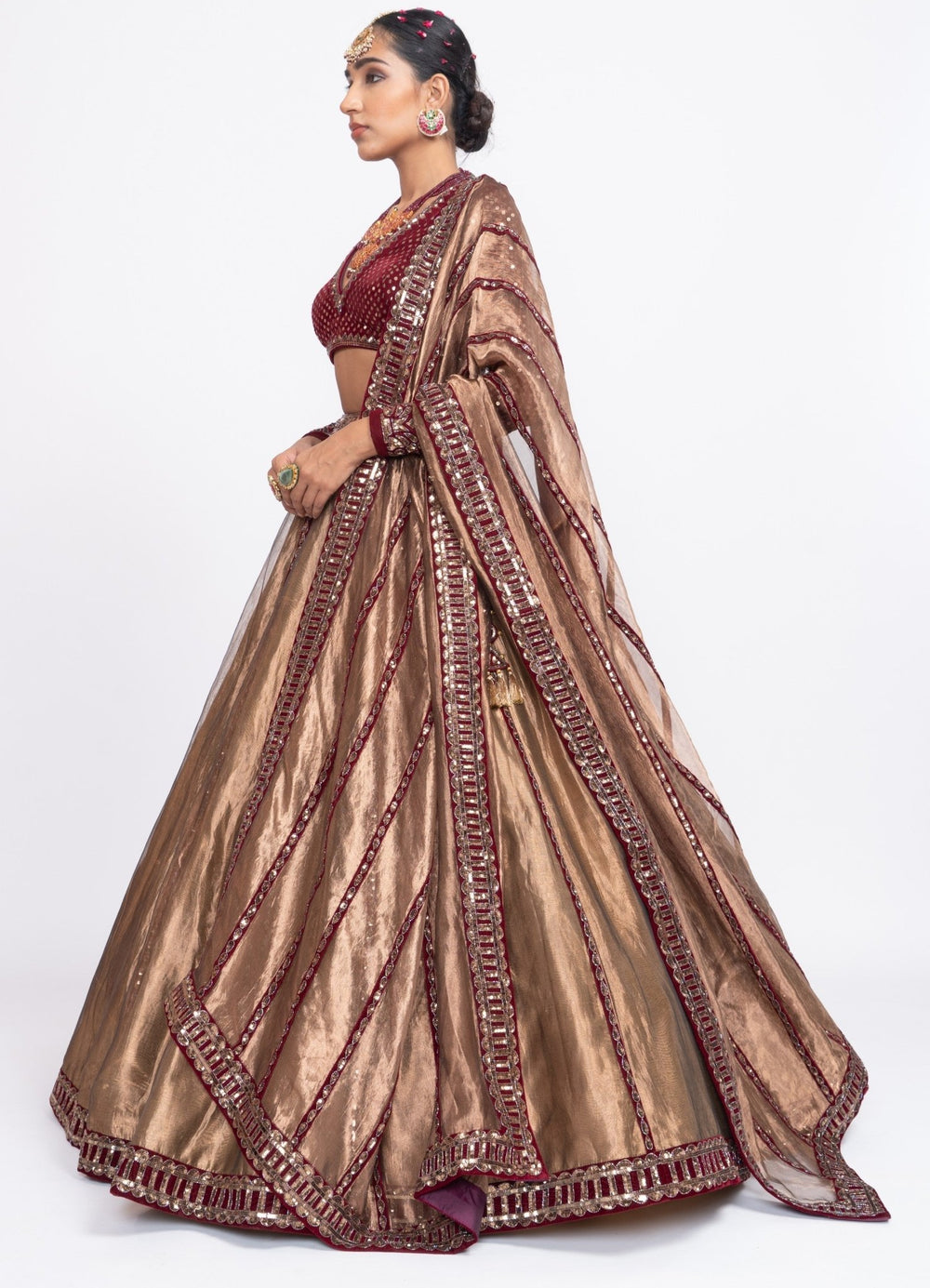 Copper and Maroon Tissue Lehenga Set Vvani by Vani Vats - Fabilicious Fashion