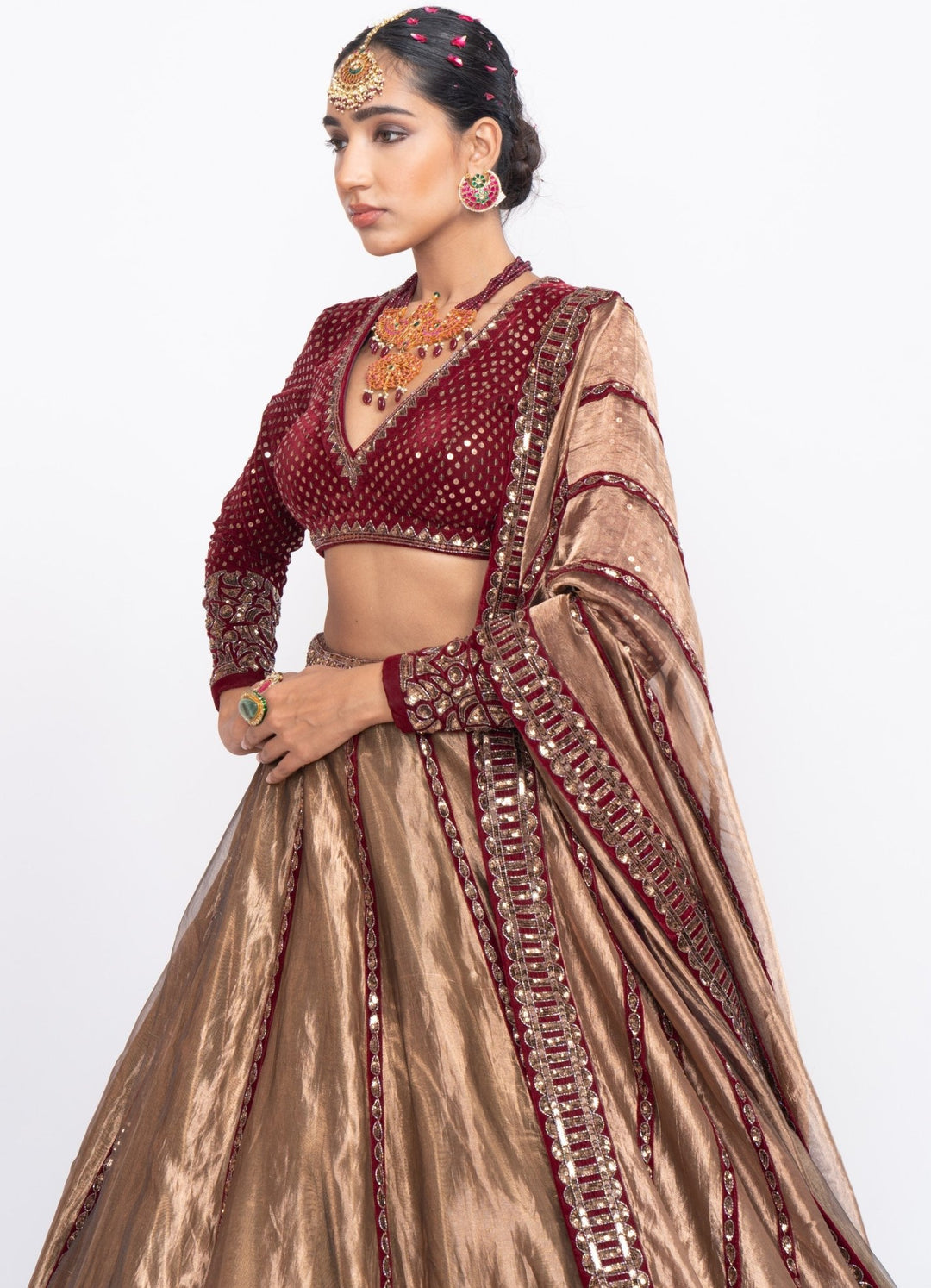 Copper and Maroon Tissue Lehenga Set Vvani by Vani Vats - Fabilicious Fashion