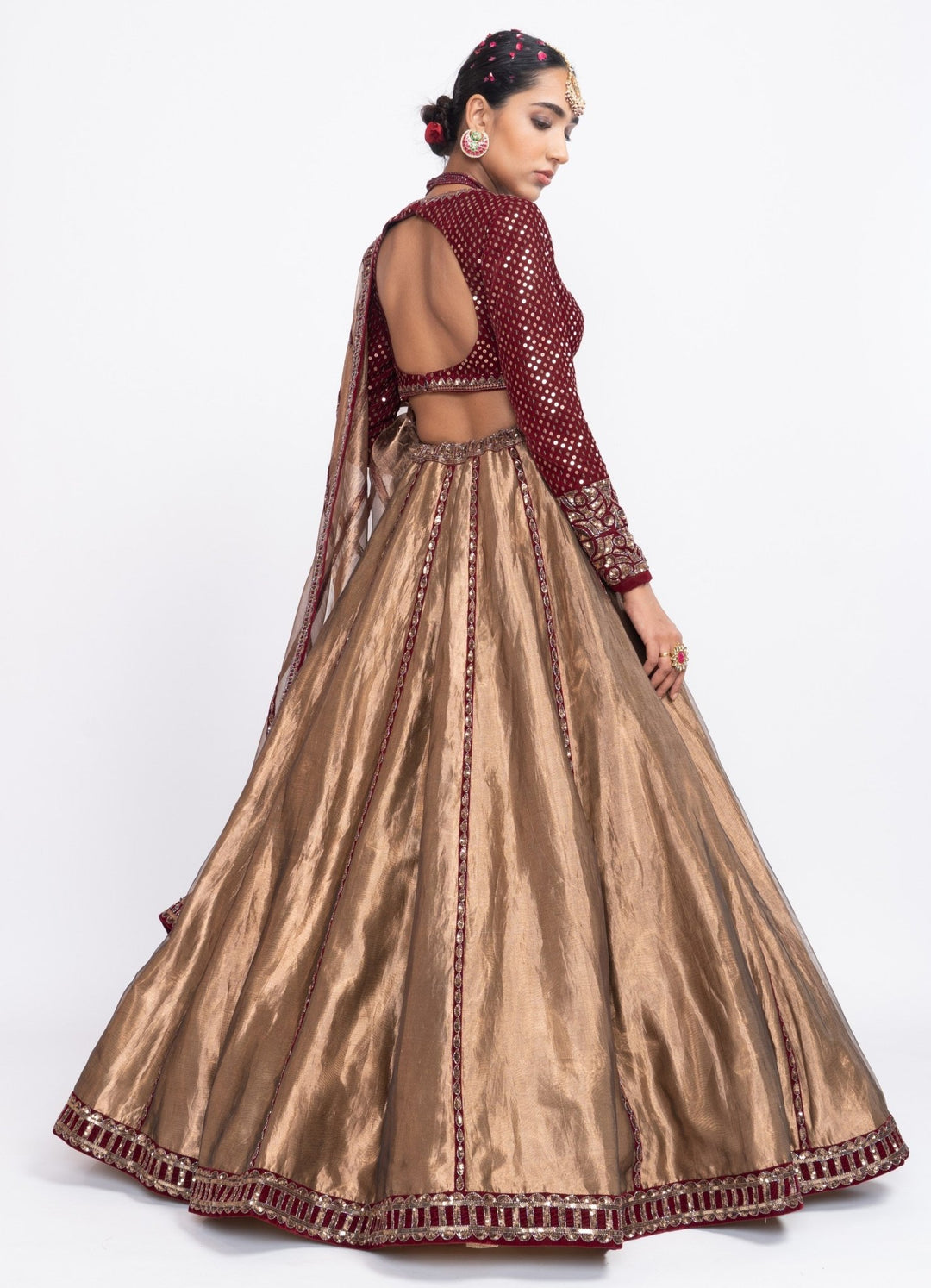 Copper and Maroon Tissue Lehenga Set Vvani by Vani Vats - Fabilicious Fashion