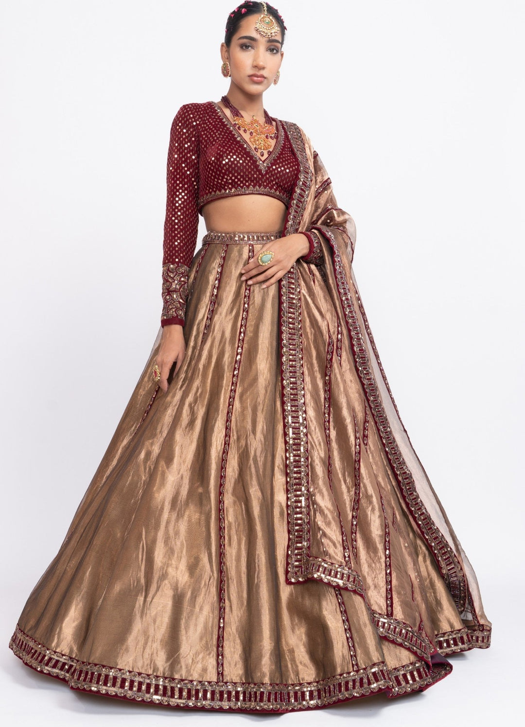 Copper and Maroon Tissue Lehenga Set Vvani by Vani Vats - Fabilicious Fashion