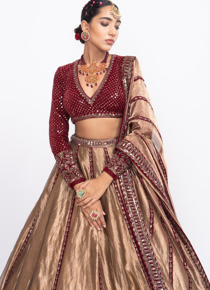 Copper and Maroon Tissue Lehenga Set Vvani by Vani Vats - Fabilicious Fashion