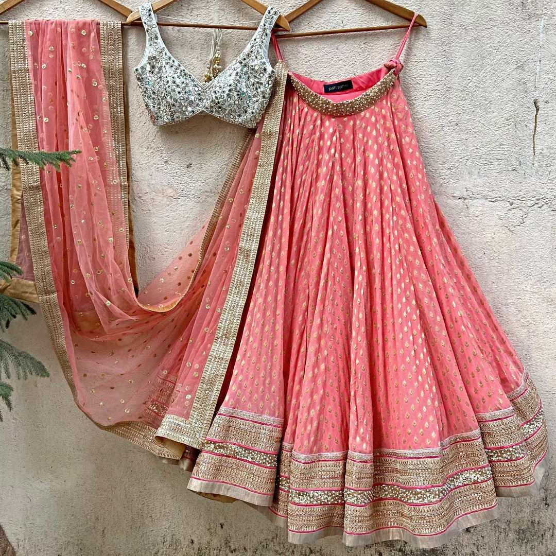 Coral and Ivory Mirror Embroidered Lehenga Set Priti Sahni - Fabilicious Fashion