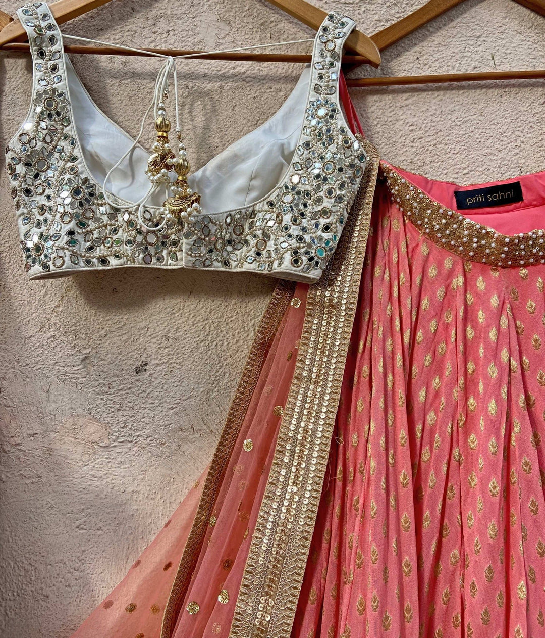 Coral and Ivory Mirror Embroidered Lehenga Set Priti Sahni - Fabilicious Fashion