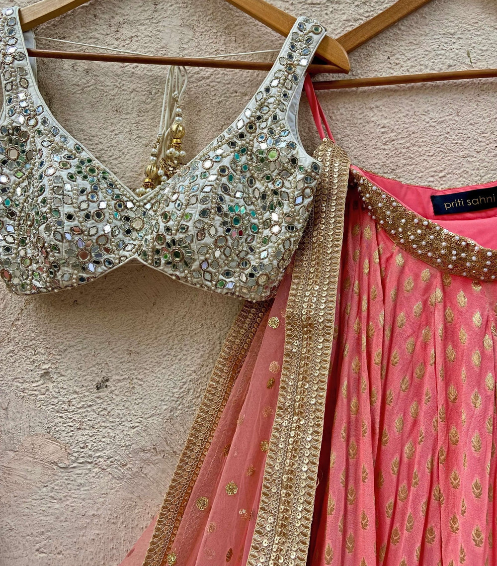 Coral and Ivory Mirror Embroidered Lehenga Set Priti Sahni - Fabilicious Fashion