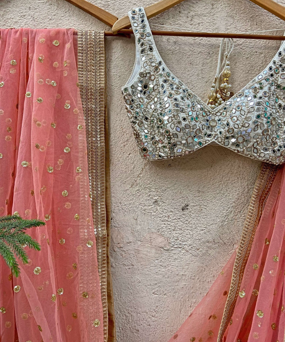 Coral and Ivory Mirror Embroidered Lehenga Set Priti Sahni - Fabilicious Fashion