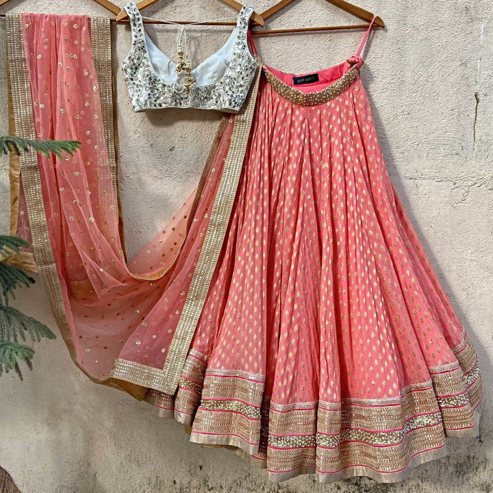 Coral and Ivory Mirror Embroidered Lehenga Set Priti Sahni - Fabilicious Fashion