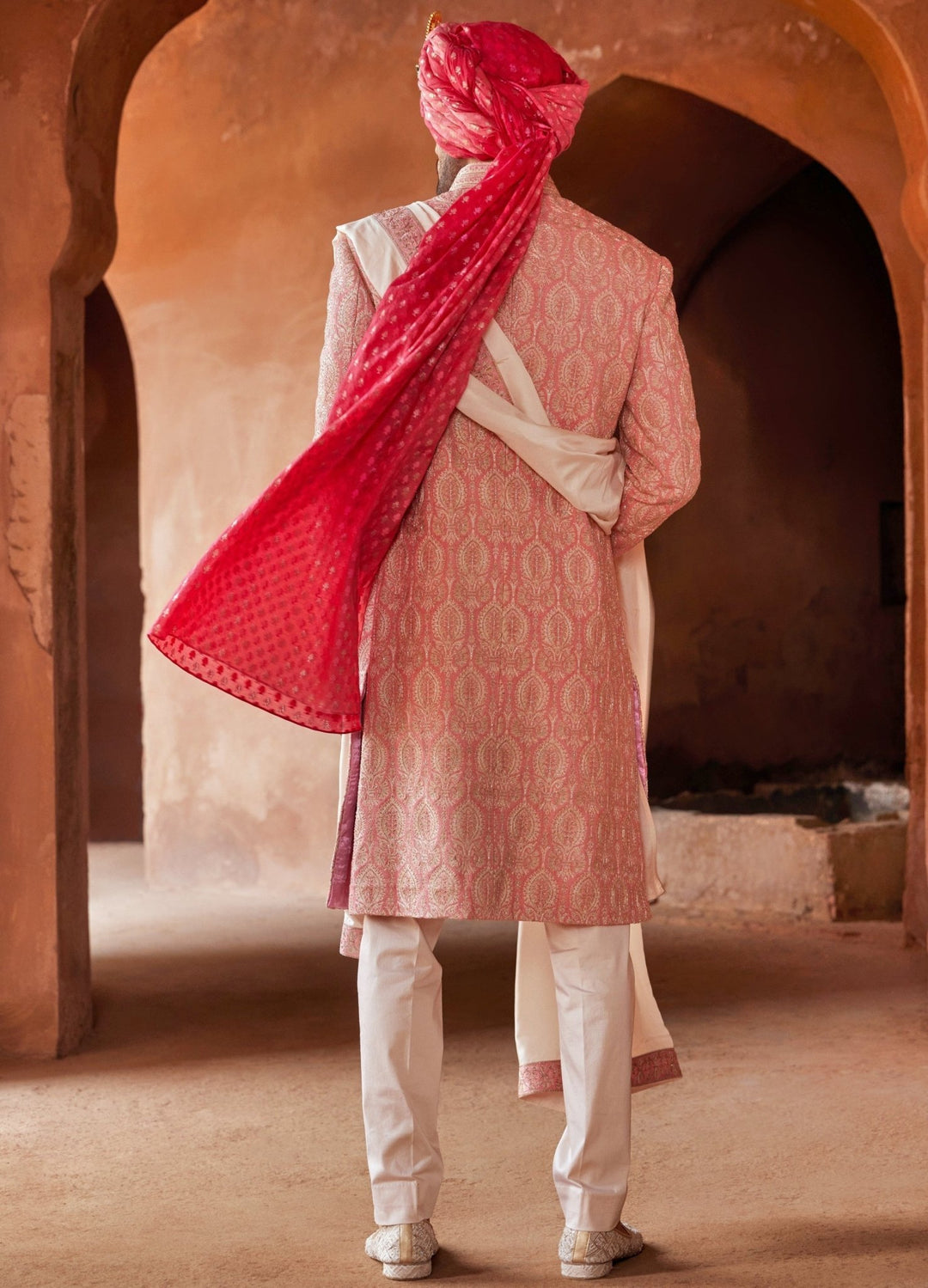 Coral Embellished Silk Sherwani With Blush Pink Kurta Set Nitika Gujral - Men - Fabilicious Fashion