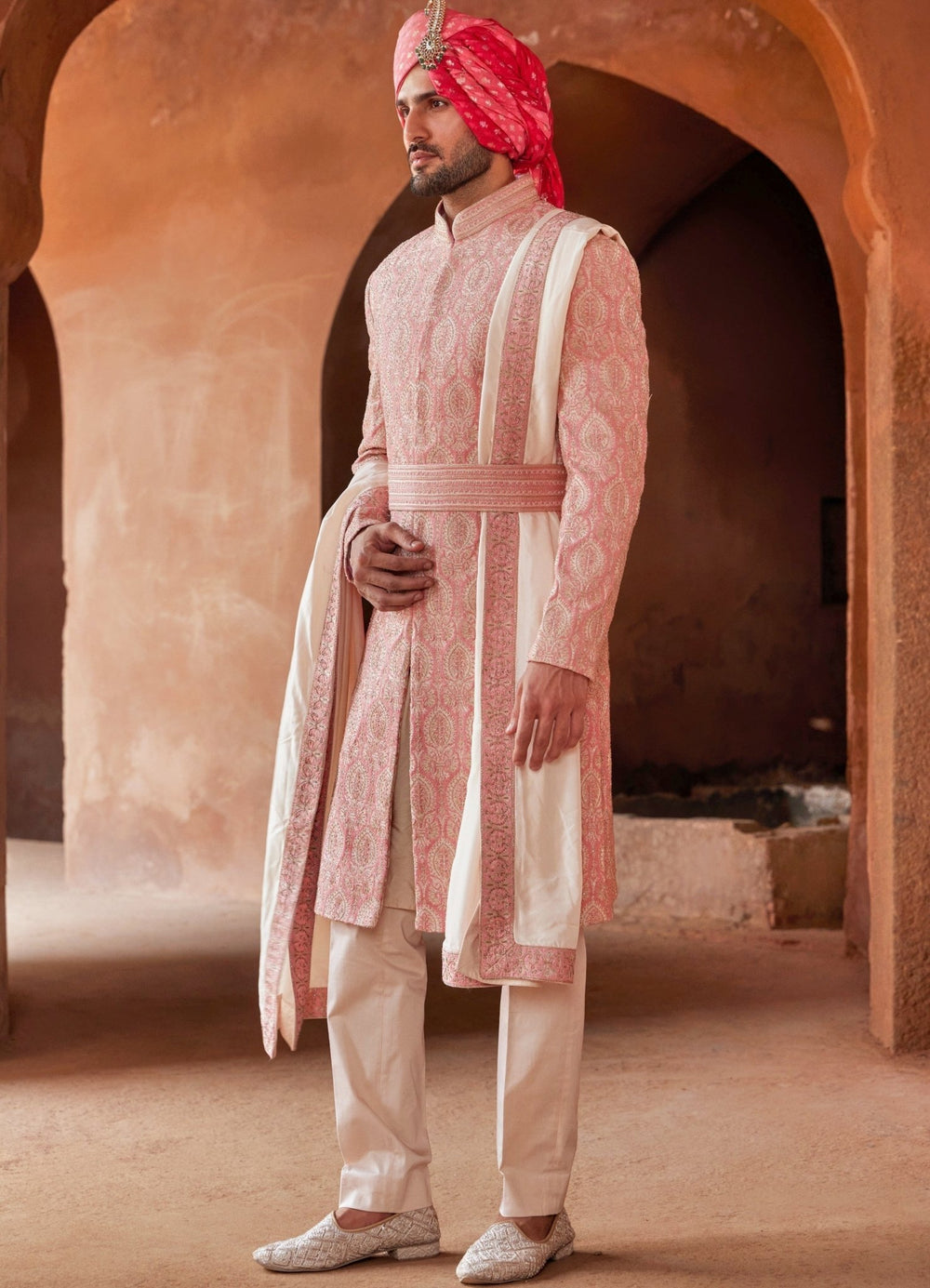 Coral Embellished Silk Sherwani With Blush Pink Kurta Set Nitika Gujral - Men - Fabilicious Fashion