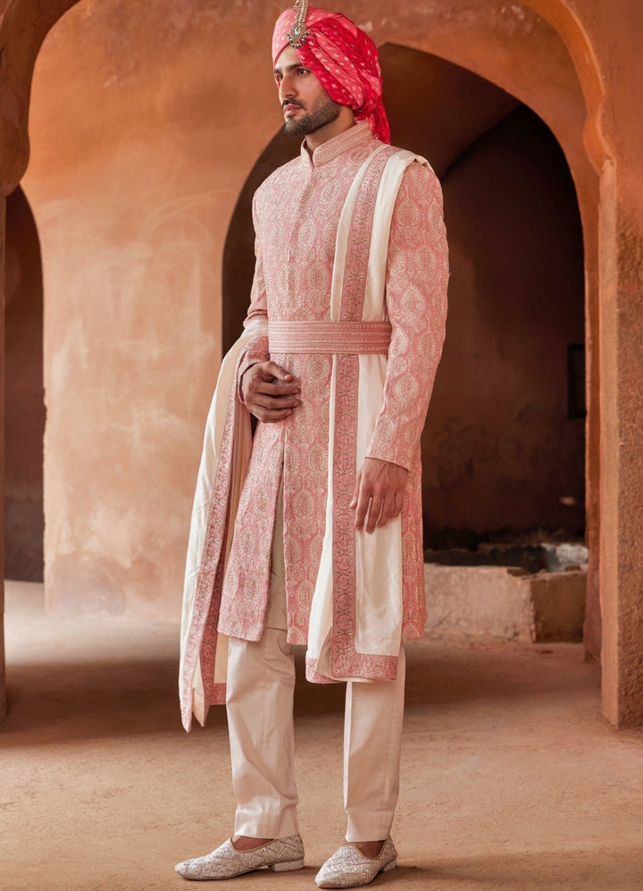 Coral Embellished Silk Sherwani With Blush Pink Kurta Set Nitika Gujral - Men - Fabilicious Fashion