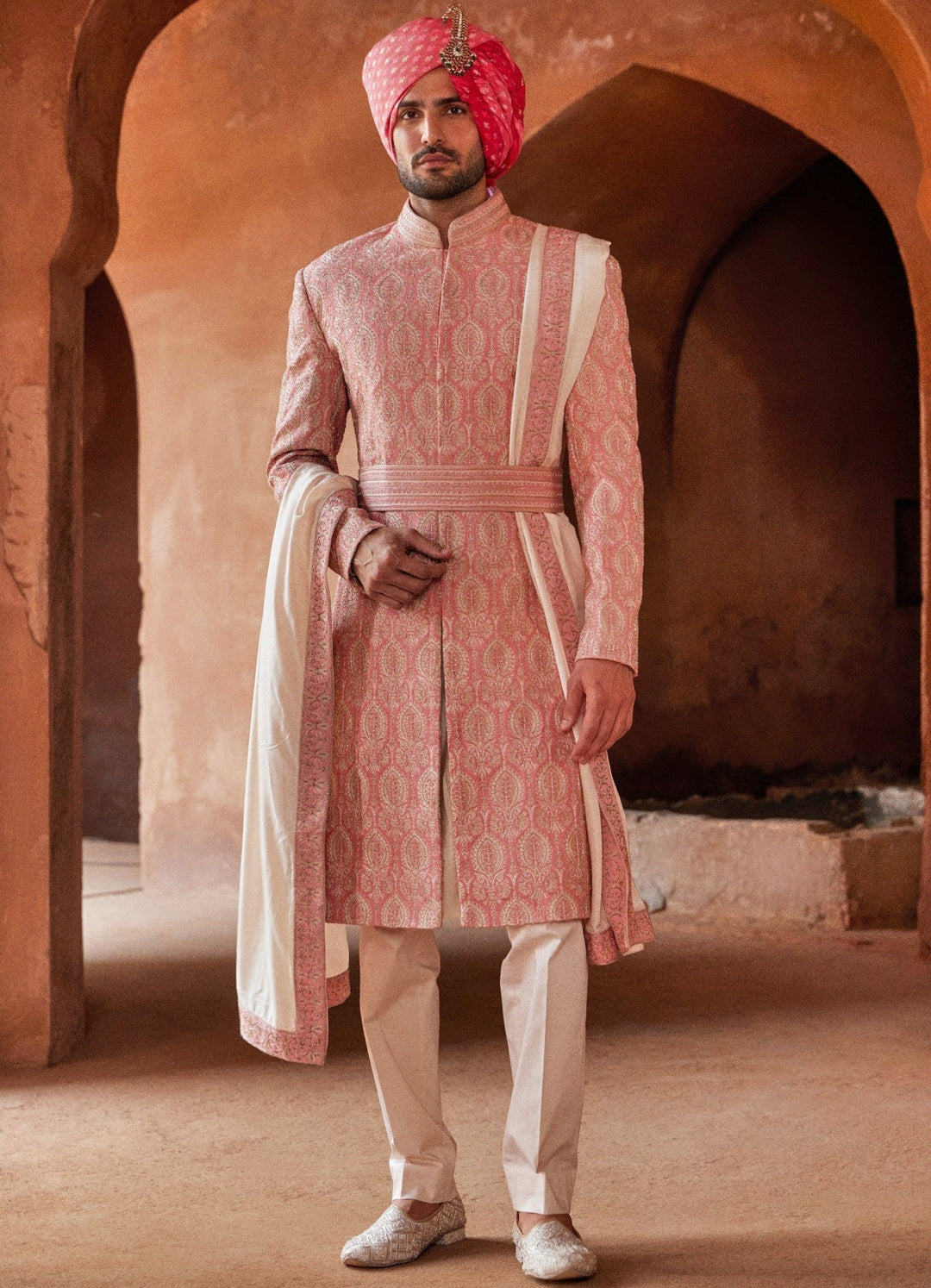 Coral Embellished Silk Sherwani With Blush Pink Kurta Set Nitika Gujral - Men - Fabilicious Fashion