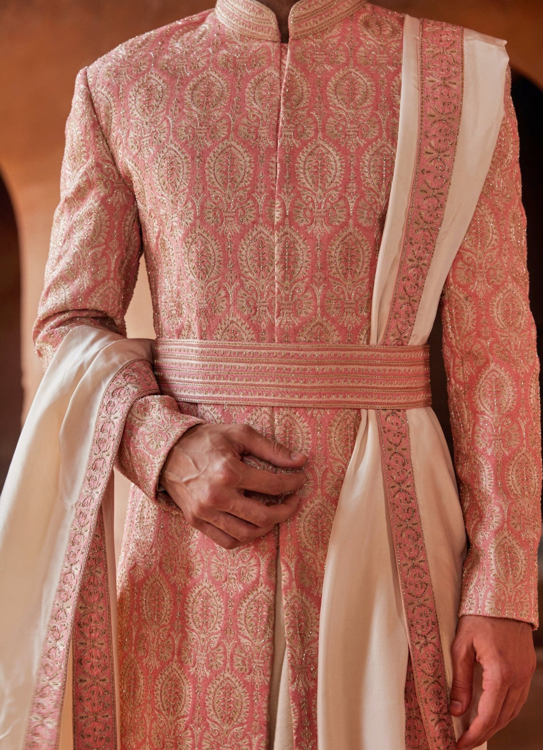 Coral Embellished Silk Sherwani With Blush Pink Kurta Set Nitika Gujral - Men - Fabilicious Fashion