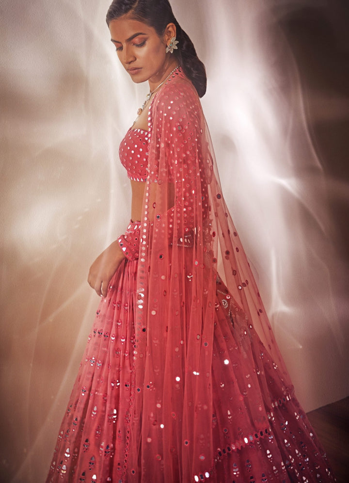 Coral Hued Tiered Lehenga Set Vvani by Vani Vats - Fabilicious Fashion