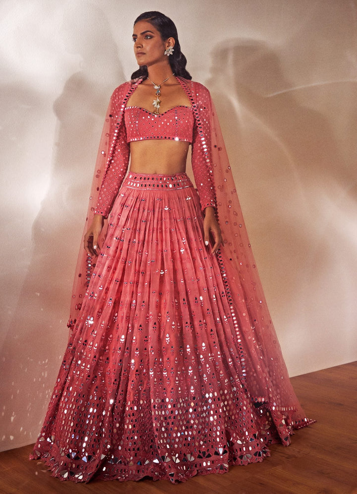 Coral Hued Tiered Lehenga Set Vvani by Vani Vats - Fabilicious Fashion