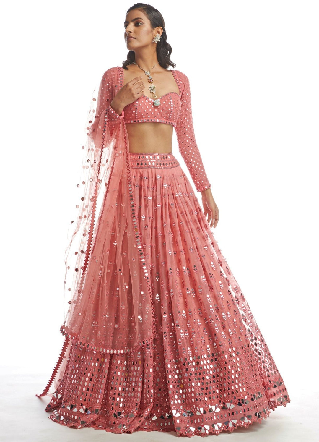 Coral Hued Tiered Lehenga Set Vvani by Vani Vats - Fabilicious Fashion