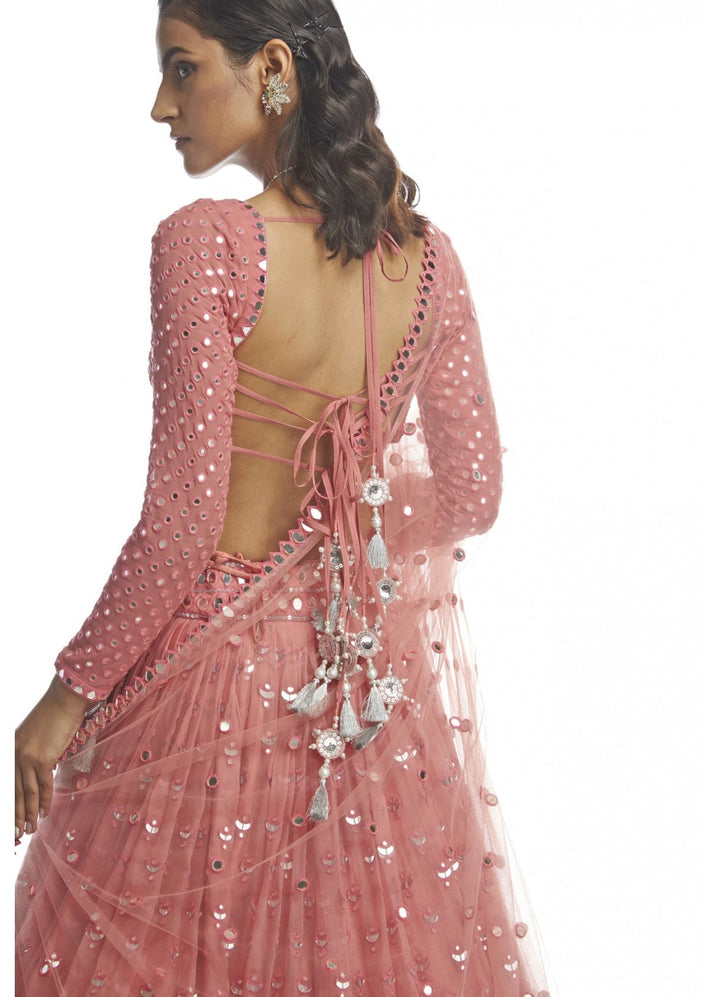 Coral Hued Tiered Lehenga Set Vvani by Vani Vats - Fabilicious Fashion