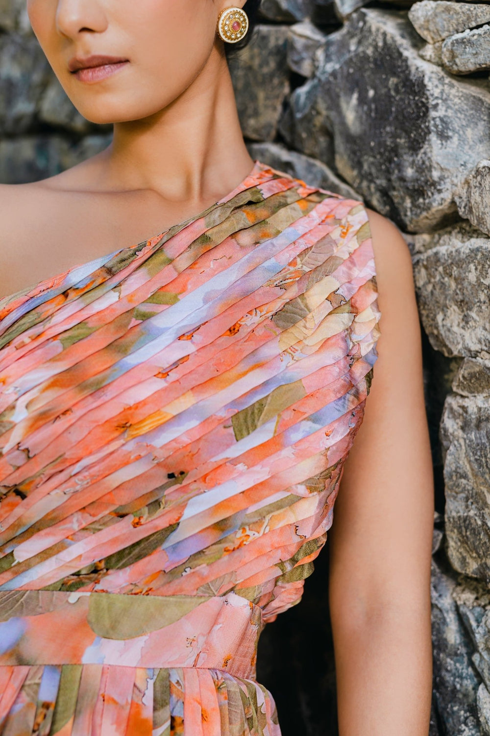 Coral Peach Floral Printed And Pleated Crepe Jumpsuit Redpine - Fabilicious Fashion