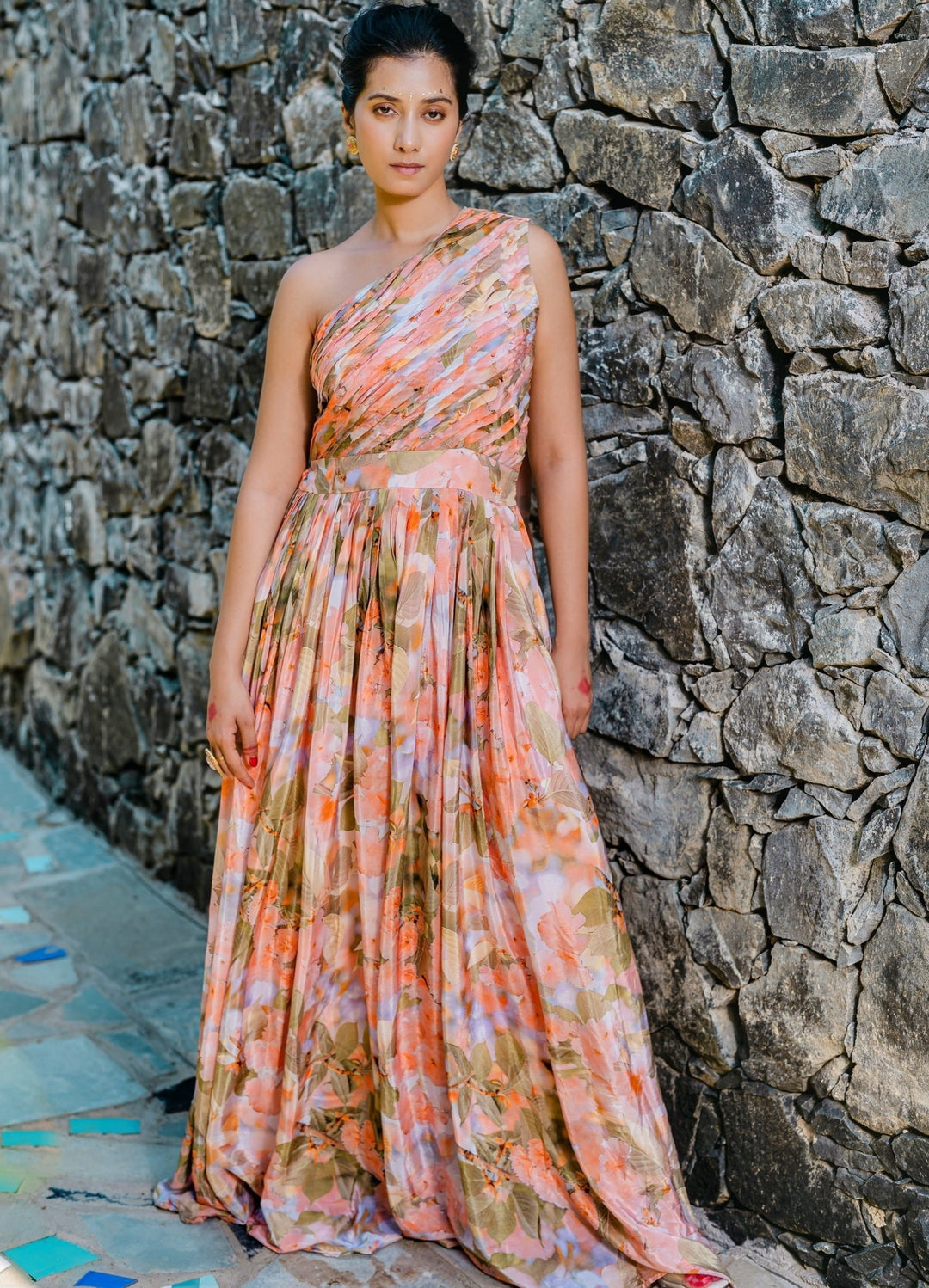 Coral Peach Floral Printed And Pleated Crepe Jumpsuit Redpine - Fabilicious Fashion