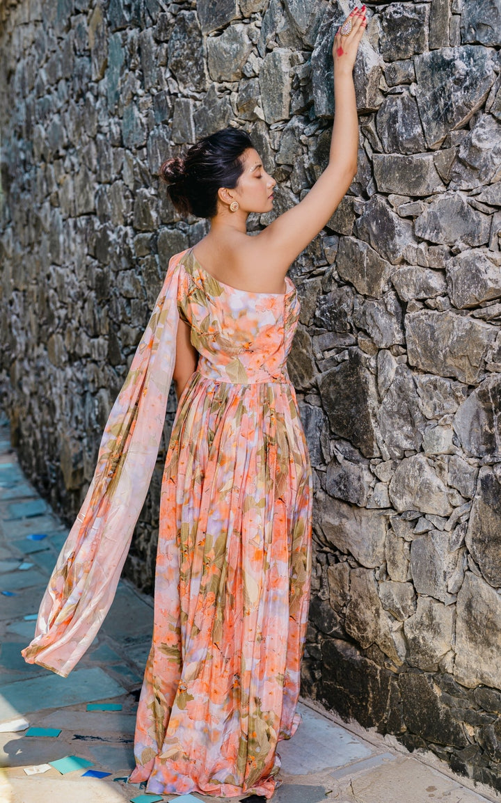 Coral Peach Floral Printed And Pleated Crepe Jumpsuit Redpine - Fabilicious Fashion