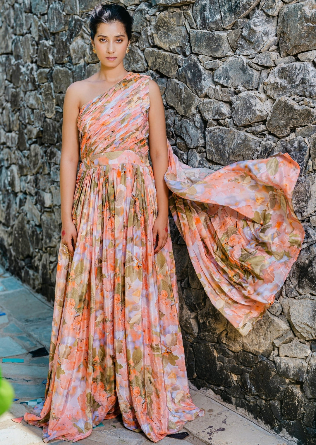 Coral Peach Floral Printed And Pleated Crepe Jumpsuit