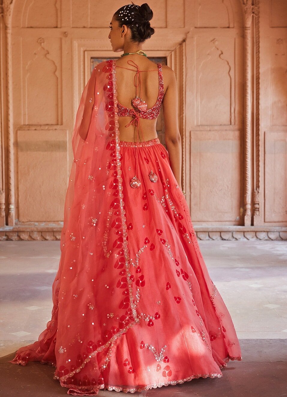 Coral Pink Embellished Organza Lehenga With Net Dupatta Prevasu - Fabilicious Fashion