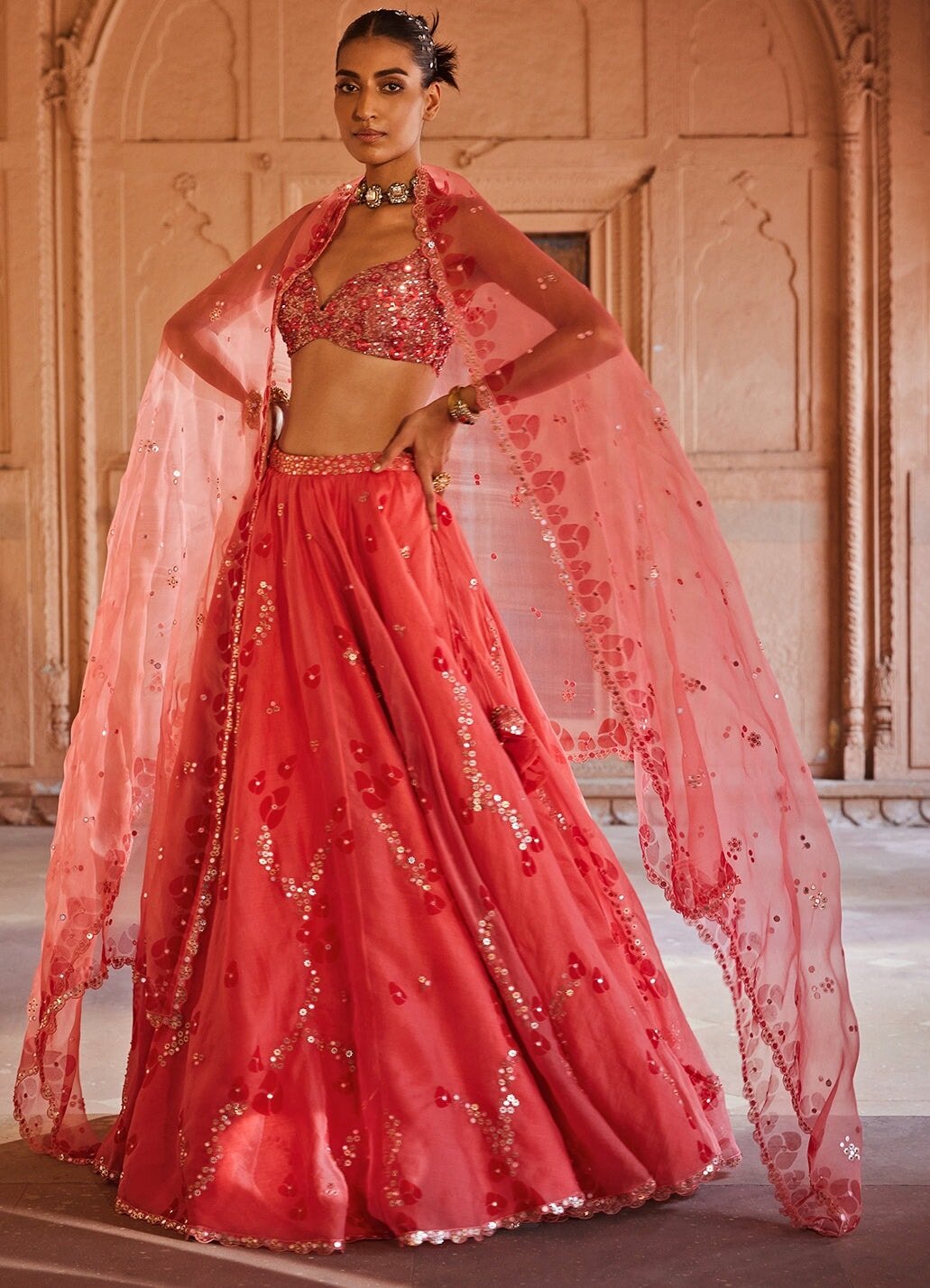 Coral Pink Embellished Organza Lehenga With Net Dupatta Prevasu - Fabilicious Fashion