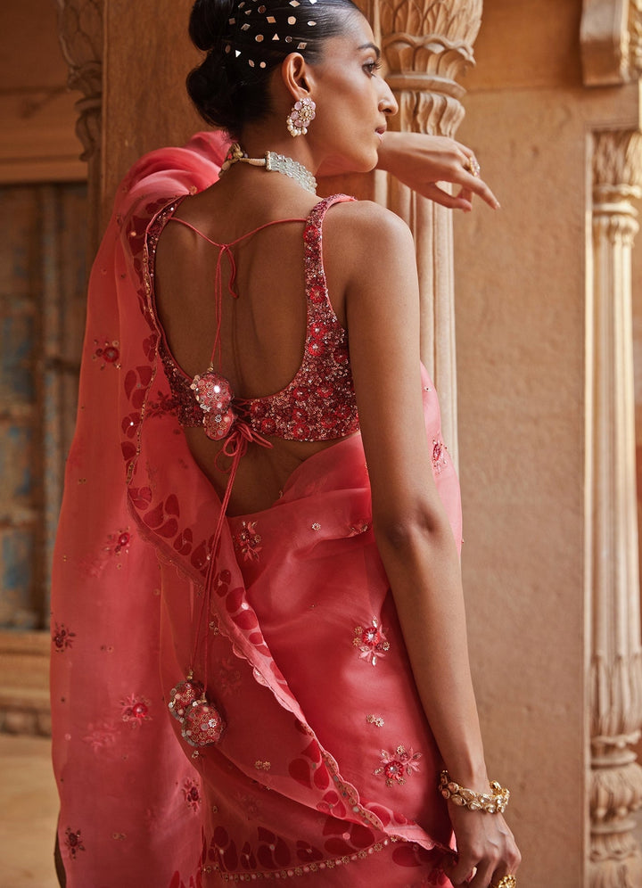 Coral Pink Embellished Organza Saree With Embroidered Blouse Prevasu - Fabilicious Fashion
