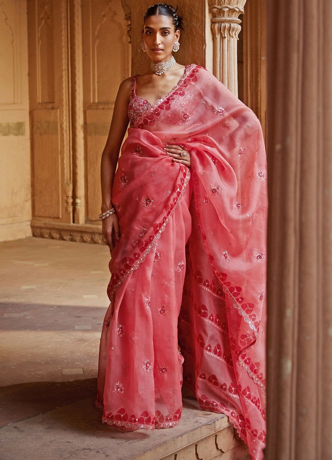 Coral Pink Embellished Organza Saree With Embroidered Blouse Prevasu - Fabilicious Fashion