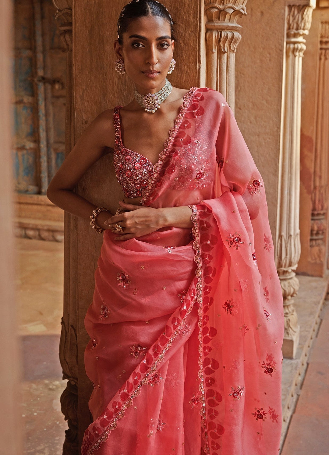Coral Pink Embellished Organza Saree With Embroidered Blouse Prevasu - Fabilicious Fashion
