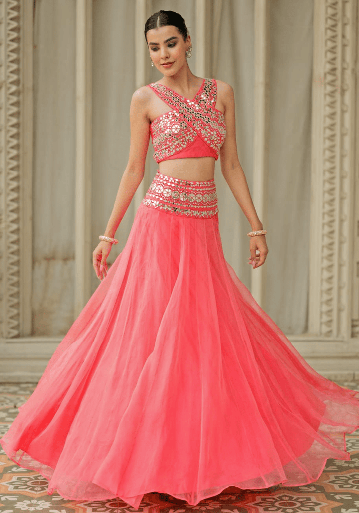 Coral Pink Organza Lehenga Set Esha Koul - Fabilicious Fashion