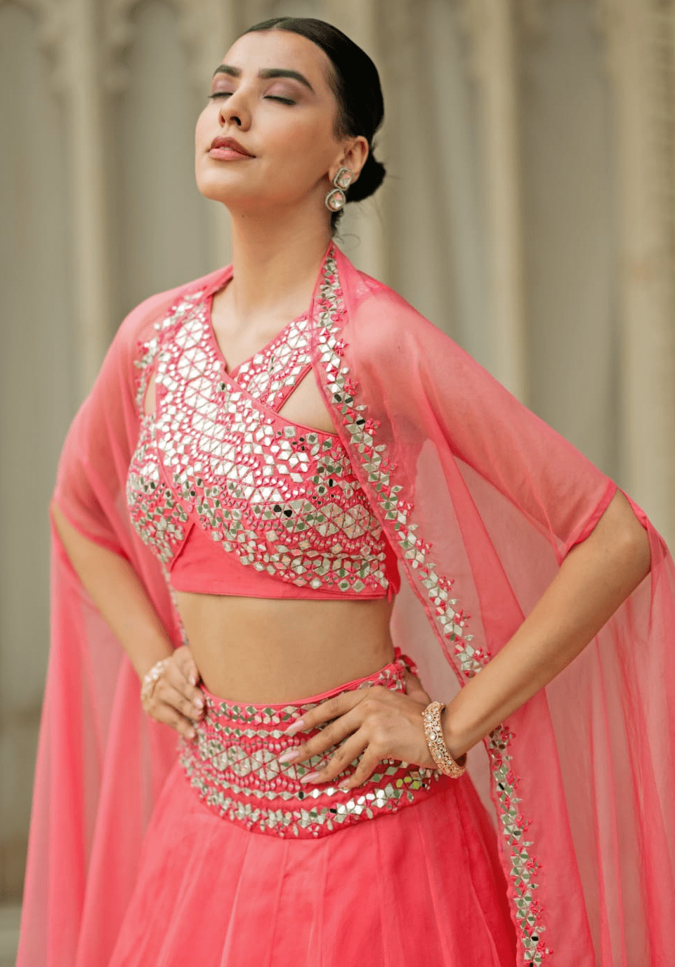 Coral Pink Organza Lehenga Set Esha Koul - Fabilicious Fashion