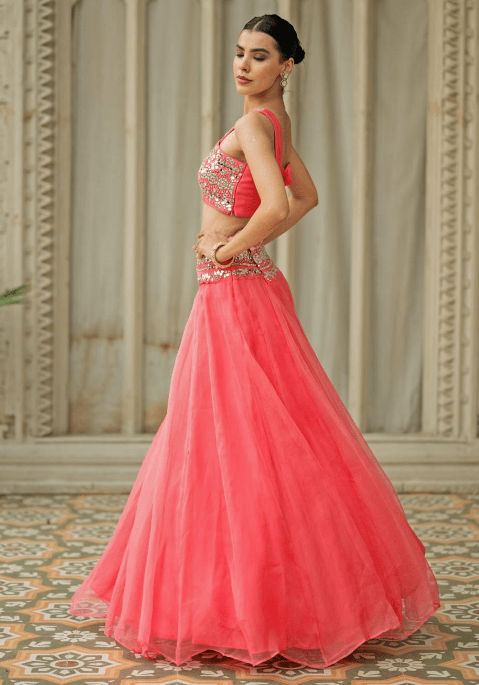 Coral Pink Organza Lehenga Set Esha Koul - Fabilicious Fashion