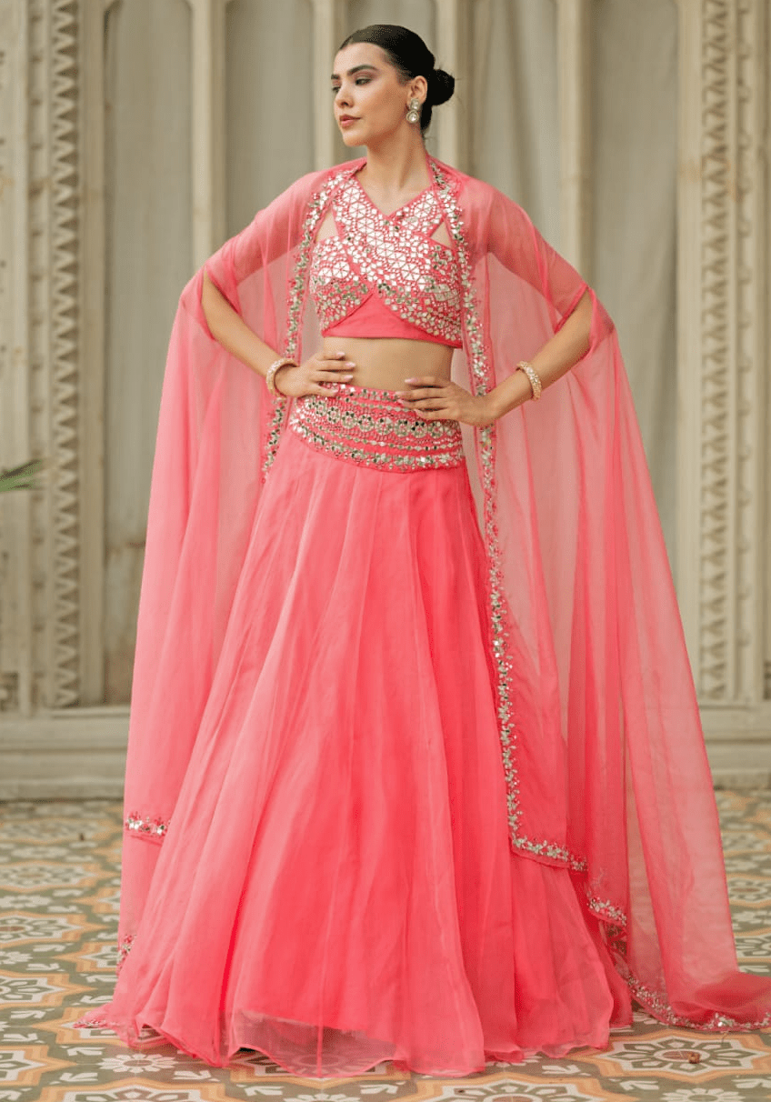 Coral Pink Organza Lehenga Set Esha Koul - Fabilicious Fashion