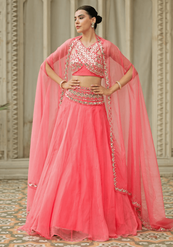 Coral Pink Organza Lehenga Set Esha Koul - Fabilicious Fashion