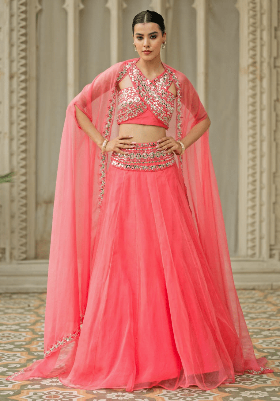 Coral Pink Organza Lehenga Set Esha Koul - Fabilicious Fashion