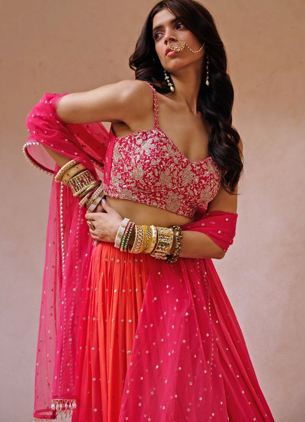 Coral Red and Pink Fiery Lehenga Set Chamee n Palak - Fabilicious Fashion