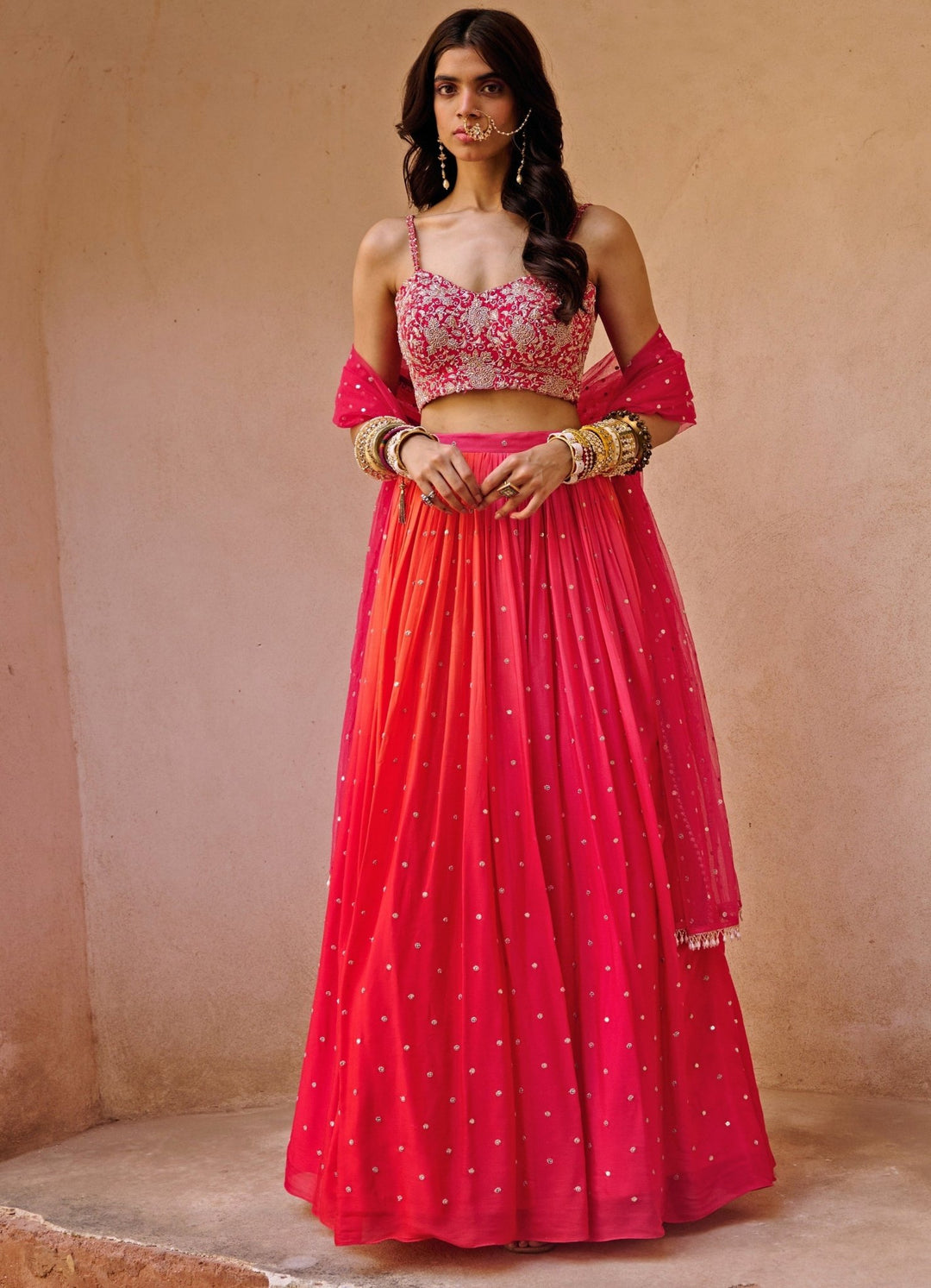 Coral Red and Pink Fiery Lehenga Set Chamee n Palak - Fabilicious Fashion