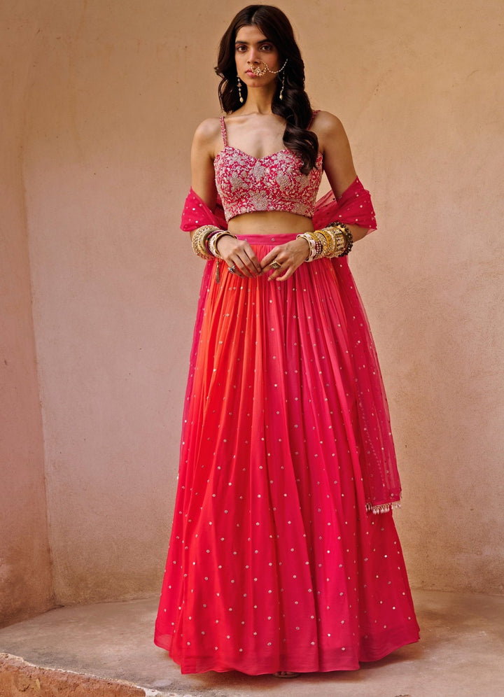 Coral Red and Pink Fiery Lehenga Set Chamee n Palak - Fabilicious Fashion