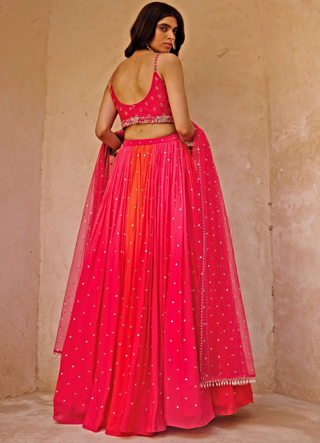 Coral Red and Pink Fiery Lehenga Set Chamee n Palak - Fabilicious Fashion