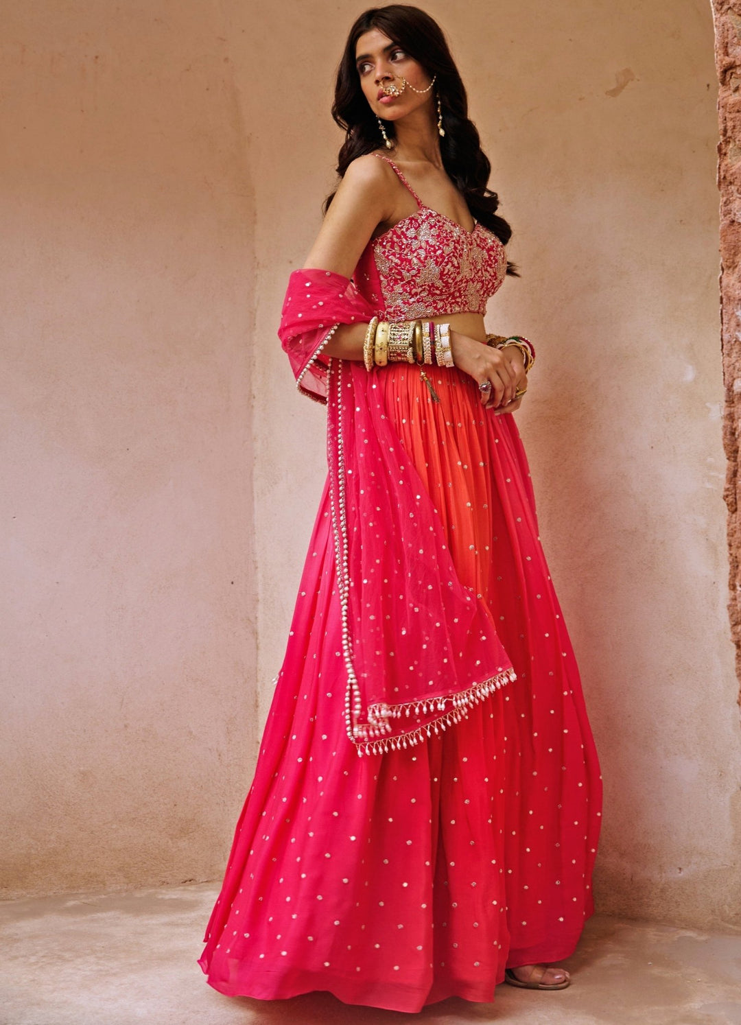 Coral Red and Pink Fiery Lehenga Set Chamee n Palak - Fabilicious Fashion