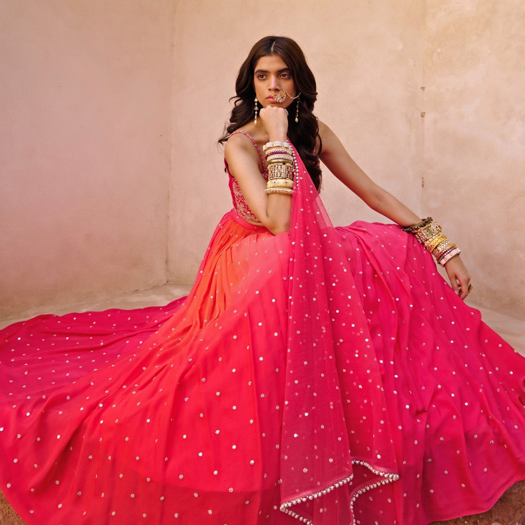 Coral Red and Pink Fiery Lehenga Set Chamee n Palak - Fabilicious Fashion