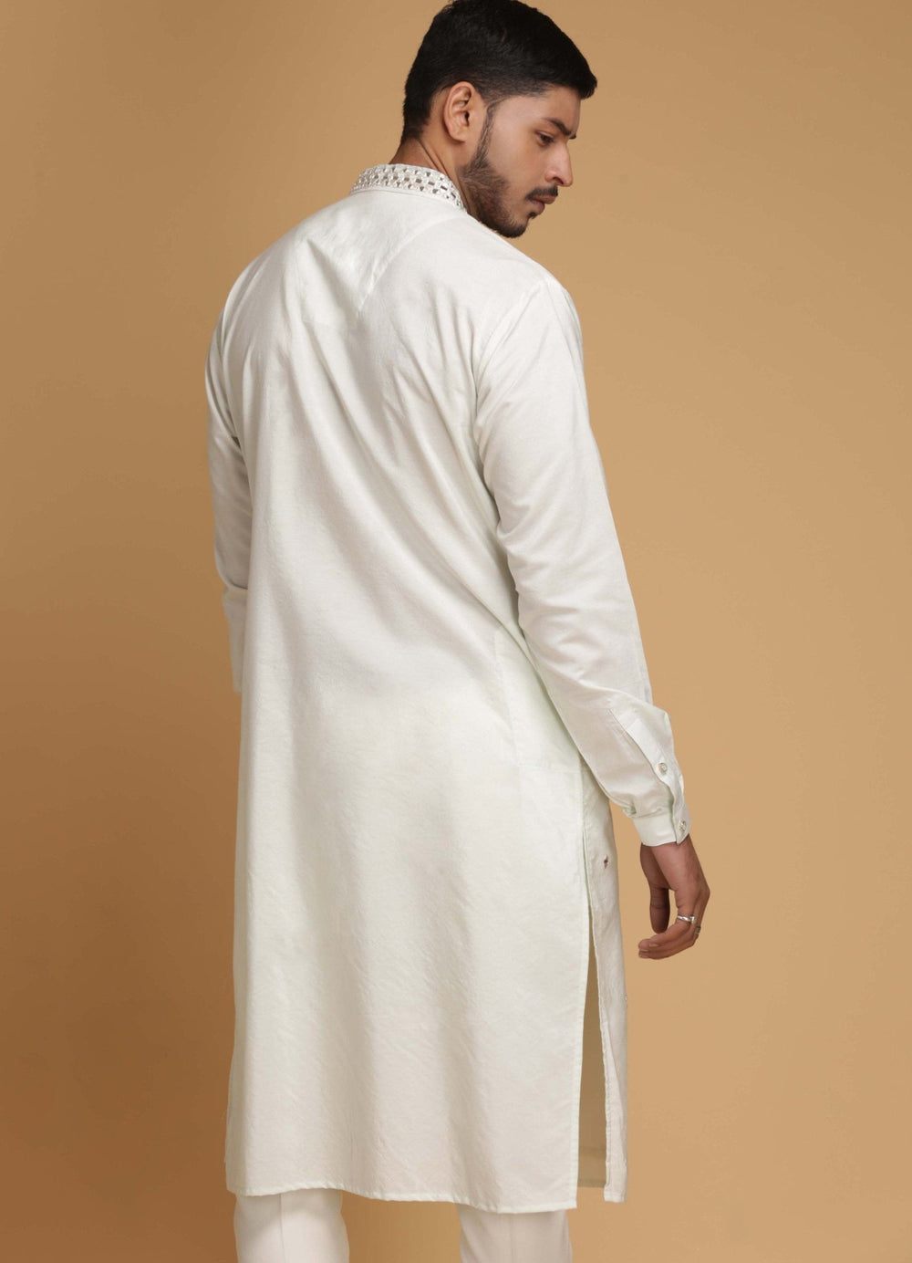 Cream and Light Pistachio Mirror Work Silk Kurta Set Chatenya Mittal - Fabilicious Fashion
