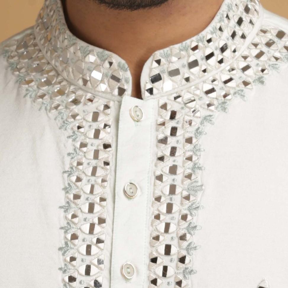 Cream and Light Pistachio Mirror Work Silk Kurta Set Chatenya Mittal - Fabilicious Fashion